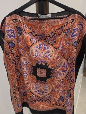 Zara Black Paisley Print Top with Orange & Purple Accents